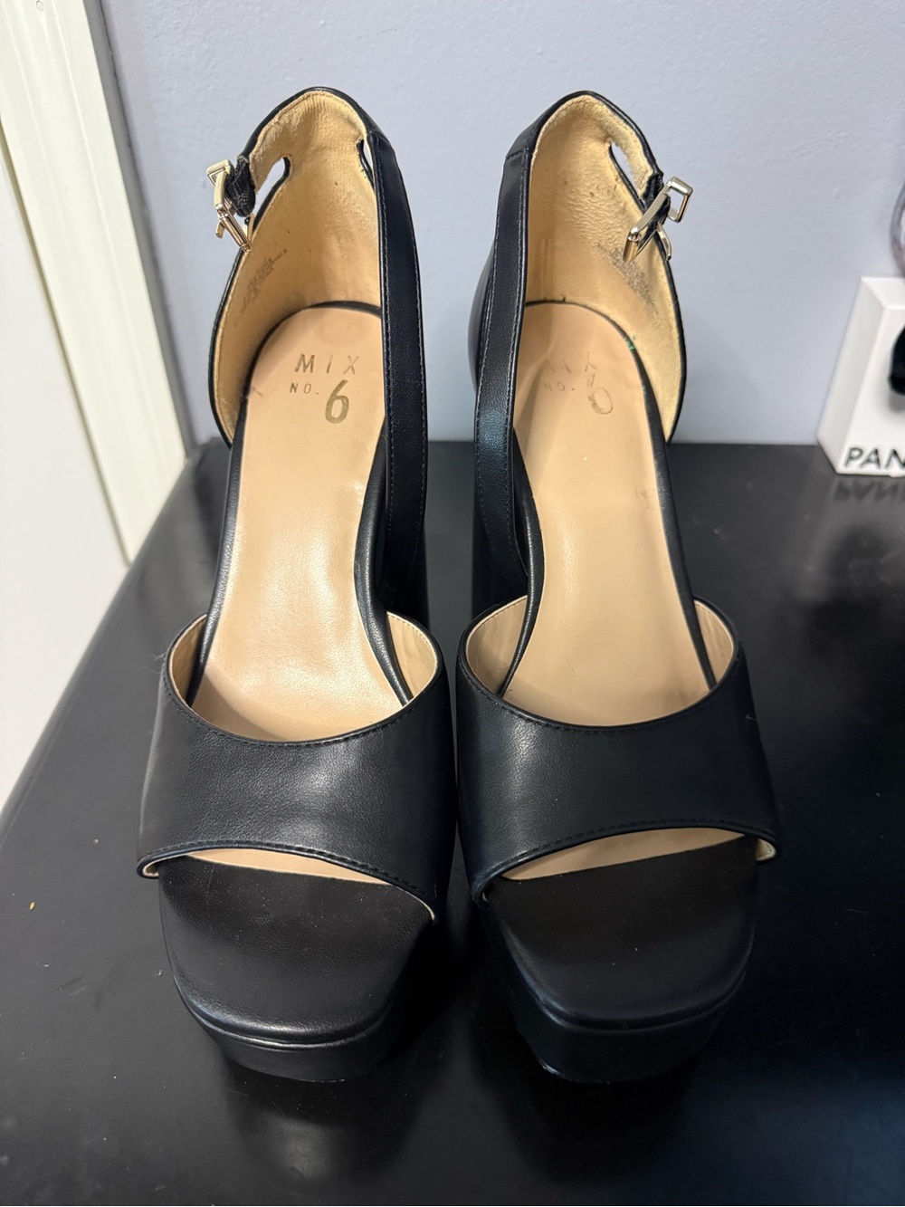 Mix No. 6 Black Leather Peep-Toe Platform Sandals with Ankle Strap